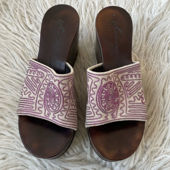 Giuseppe Zanotti Beige Canvas Embroidered Chunky Platform Sandal Slides Sz 37.5 - Picture 8 of 12